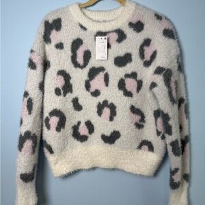 Hooked Up Cream Fuzzy Leopard Sweater with Pink & Gray Spots